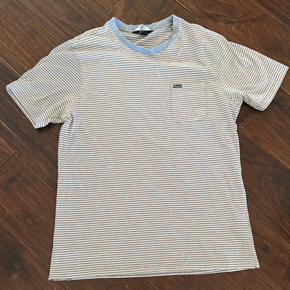 Volcom Blue, White and brown striped Short Sleeve Tee Sz L